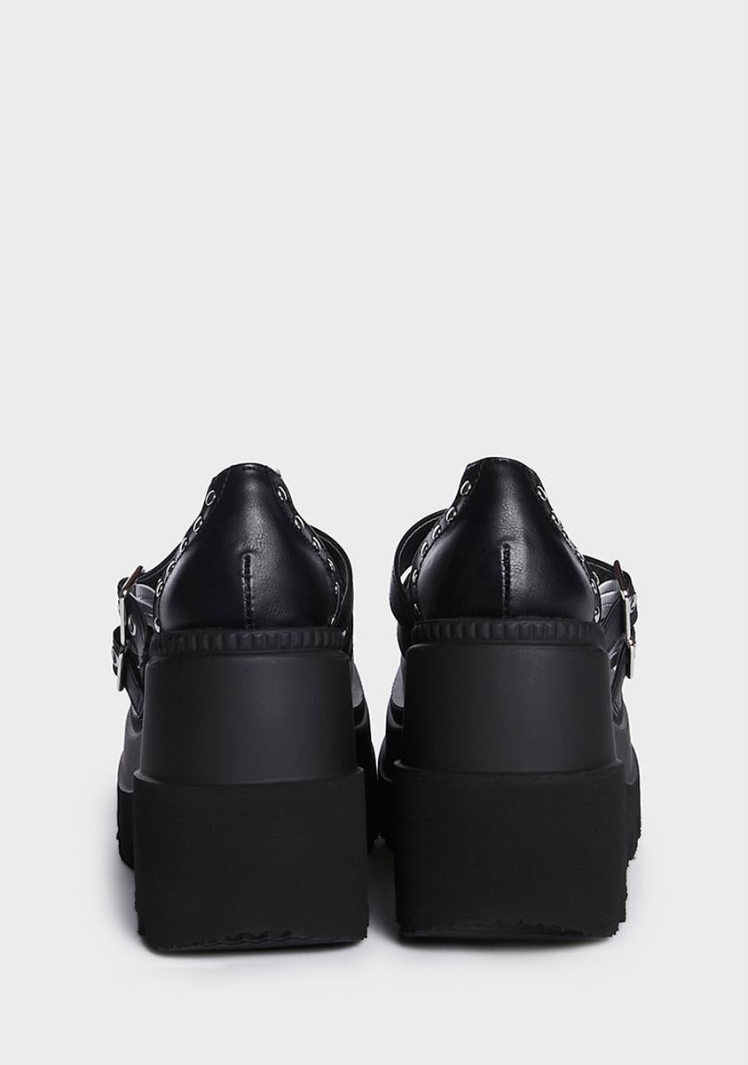 Demonia Studded Buckle Platform Mary Janes - Black/White - Image 3
