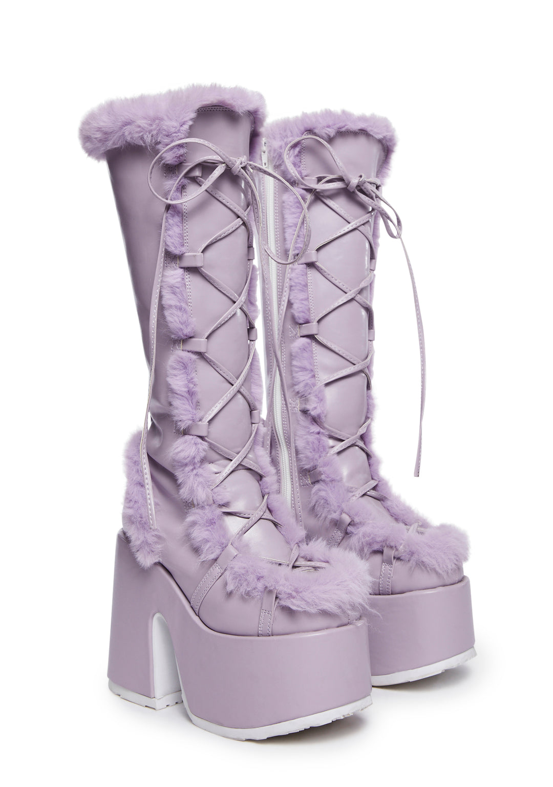 Demonia x Dolls Kill Camel-311 Faux Fur Knee High Platform Boots - Purple - Image 3