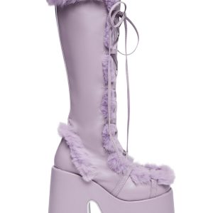 Demonia x Dolls Kill Camel-311 Faux Fur Knee High Platform Boots - Purple