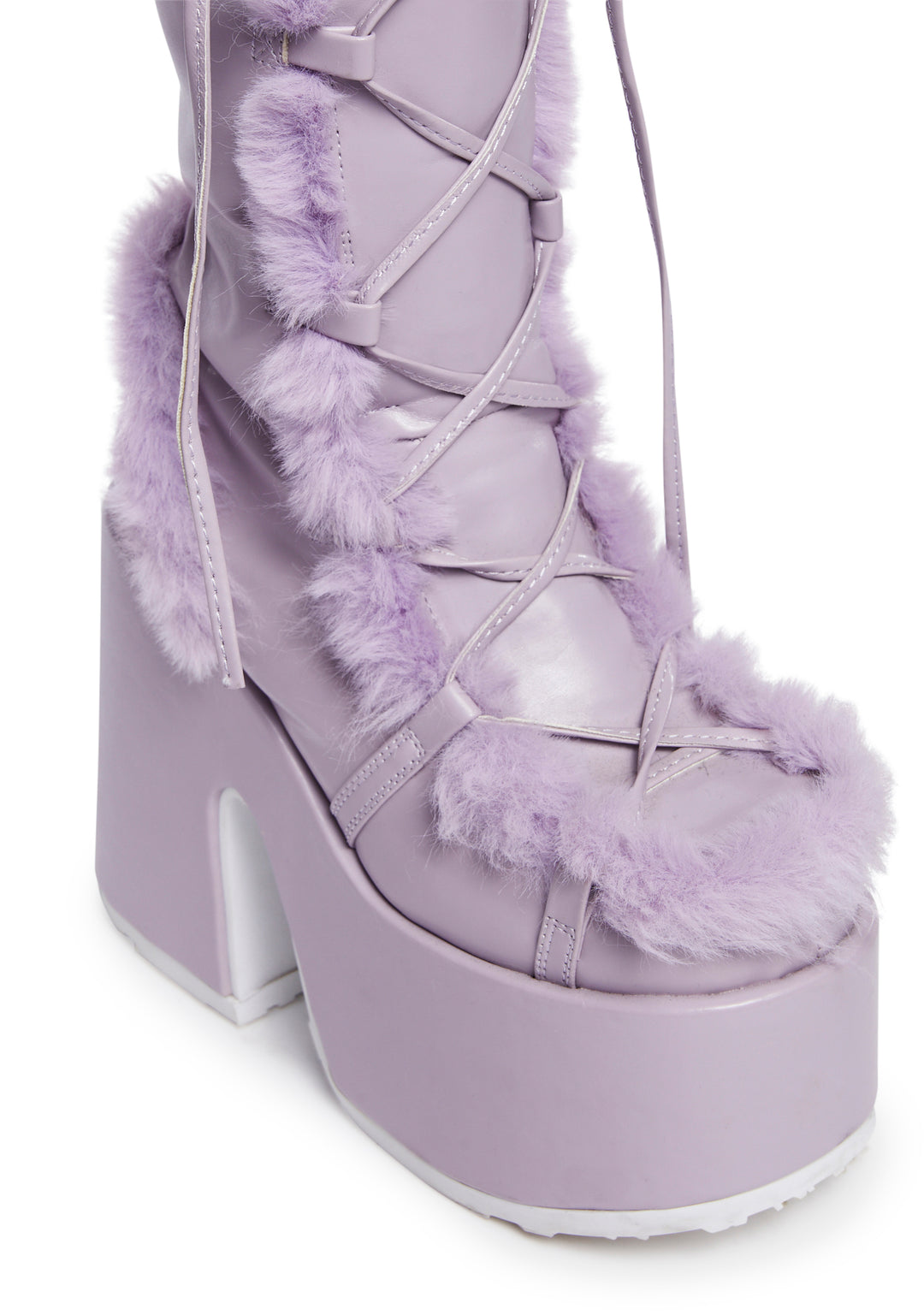 Demonia x Dolls Kill Camel-311 Faux Fur Knee High Platform Boots - Purple - Image 2