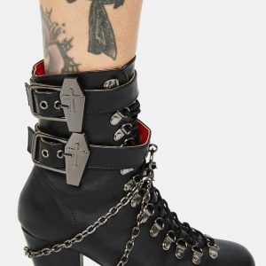 Demonia Vivika 128 Coffin Strap Chain Lace Up Boots