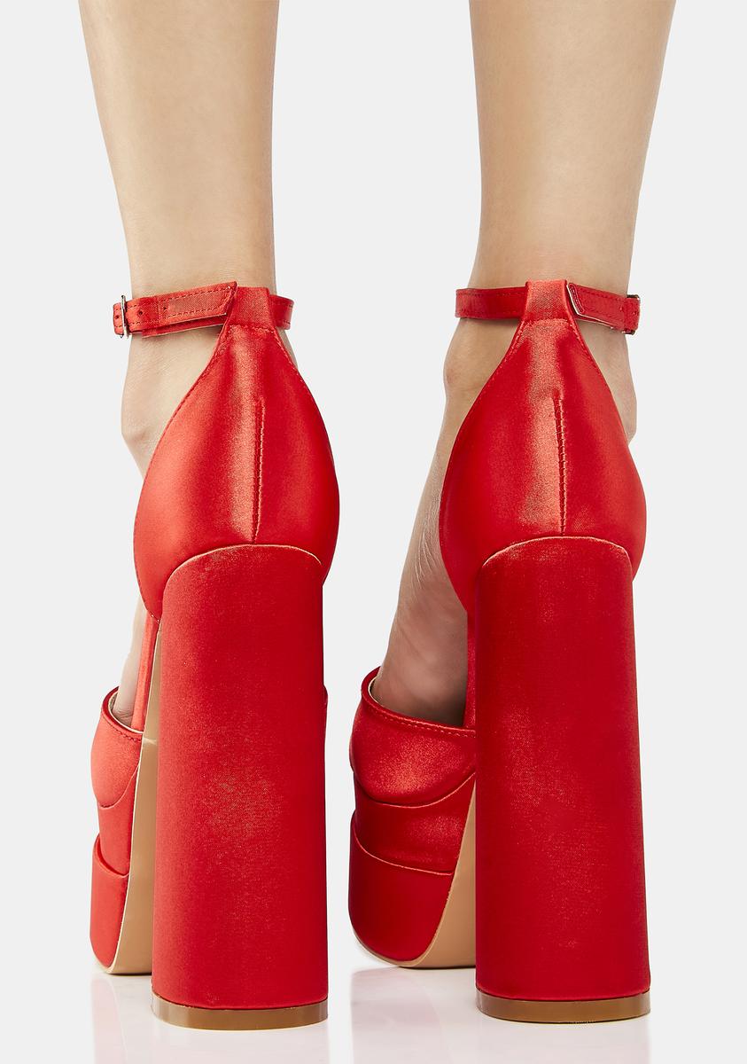 Satin Platform Heels With Buckle Closures - Red - Image 4