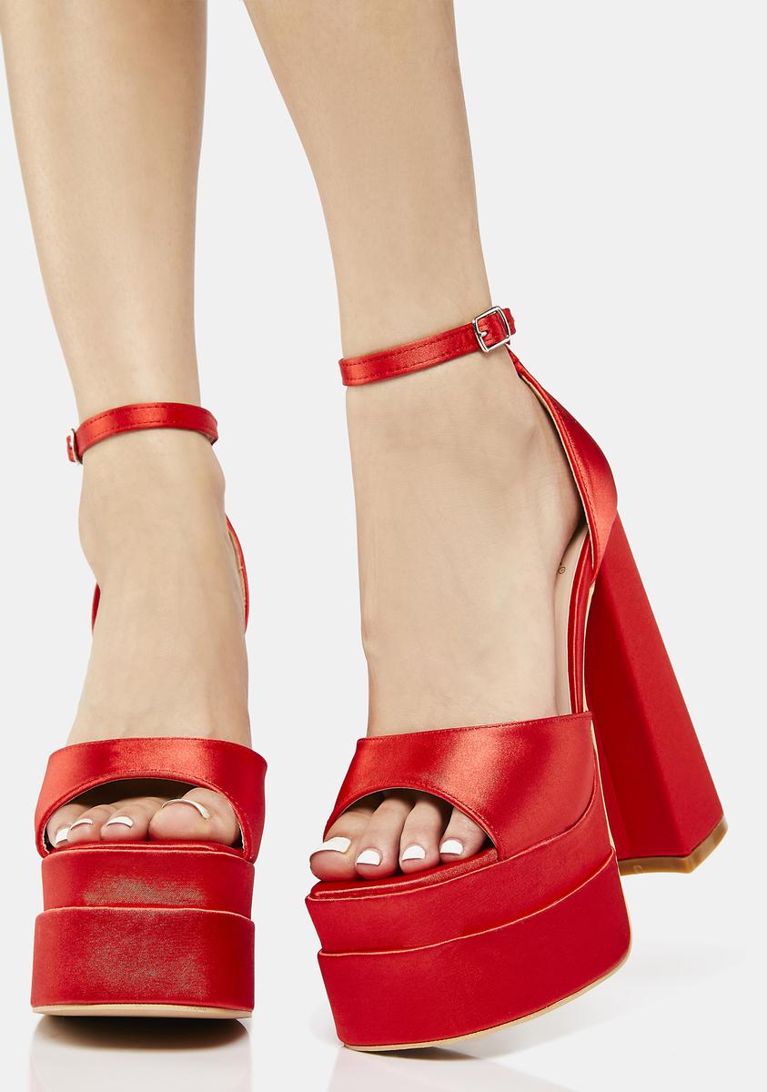 Satin Platform Heels With Buckle Closures - Red