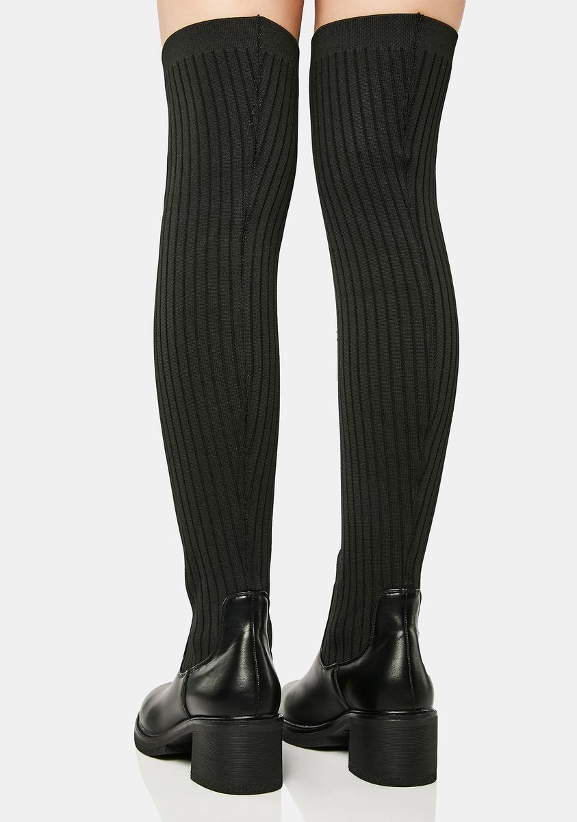 Thigh-High Knit Vegan Leather Boots - Black - Image 5
