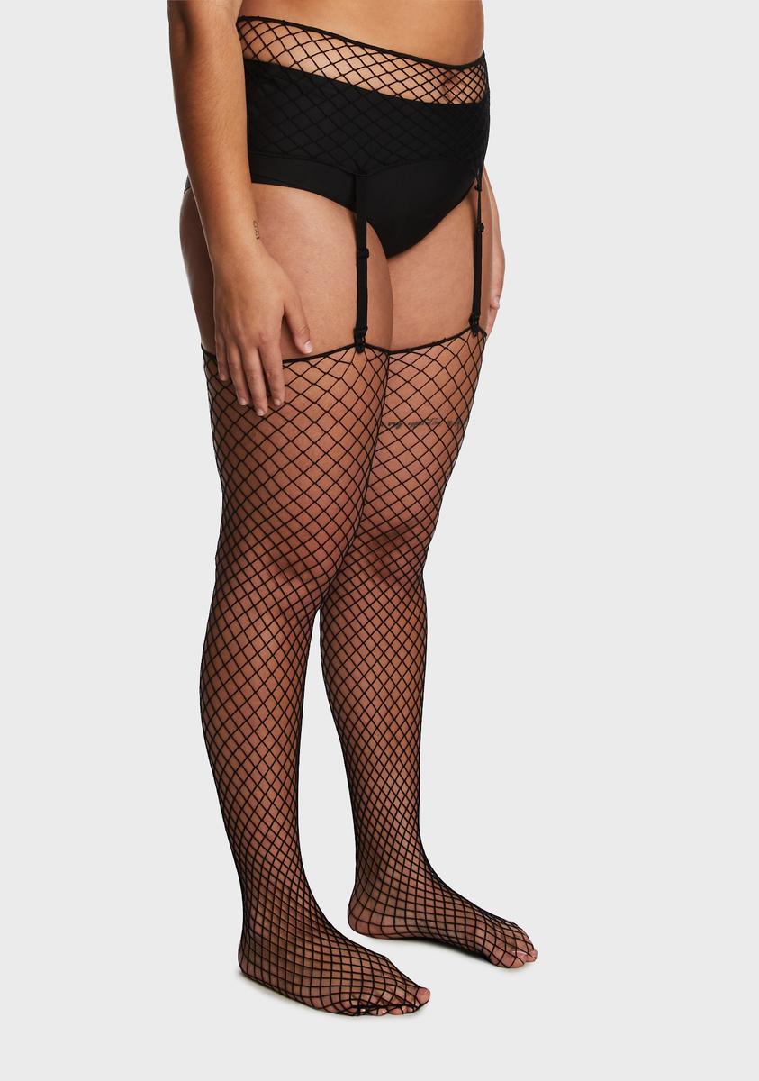Plus Size Fishnet Garter Belt Stockings - Black - Image 2