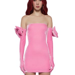 Sugar Thrillz Velour Mini Dress And Glove Set- Pink