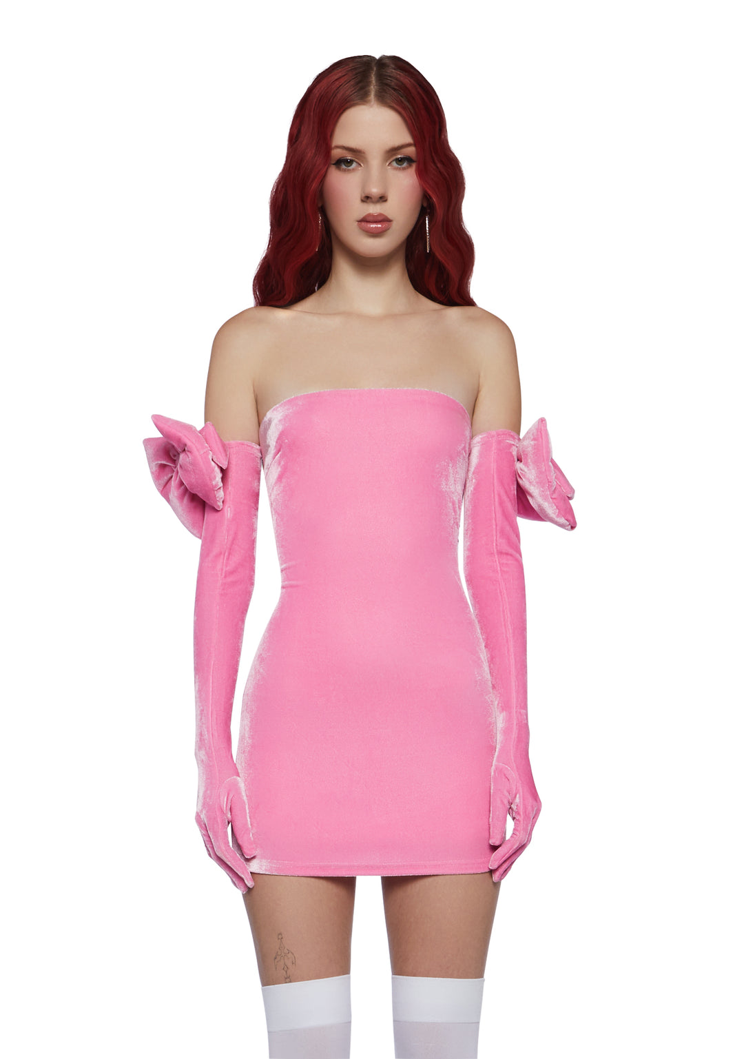 Sugar Thrillz Velour Mini Dress And Glove Set- Pink