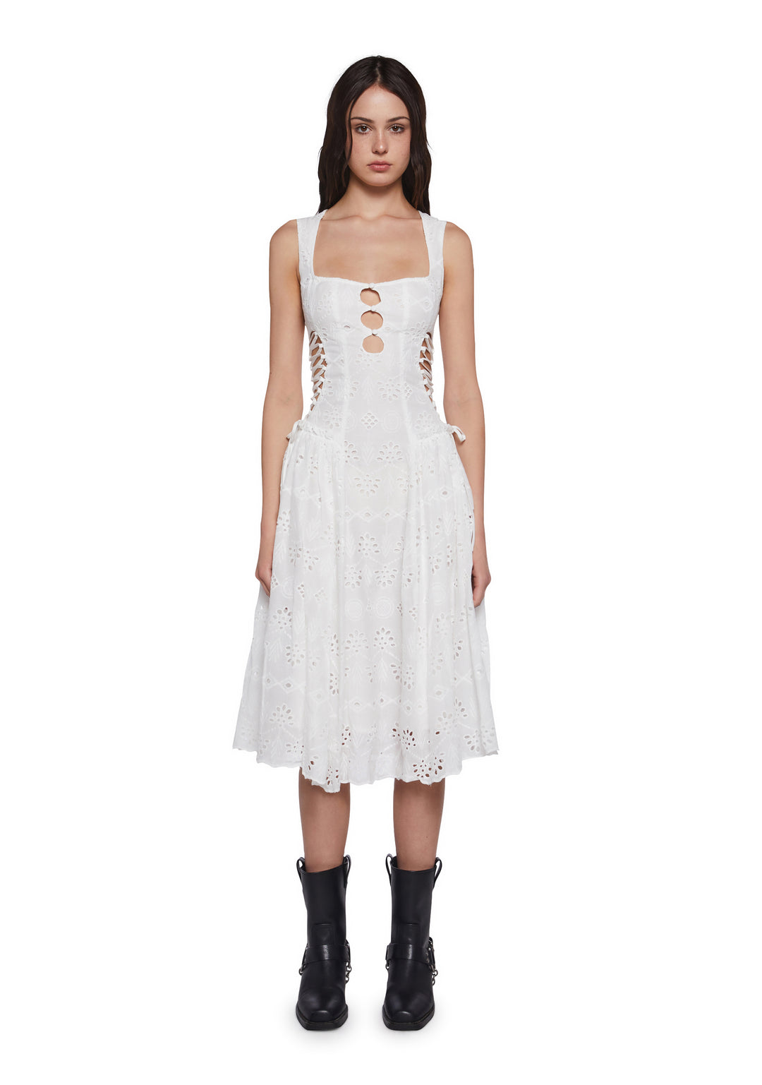 Sugar Thrillz Eyelet Lace Up Midi Dress - White