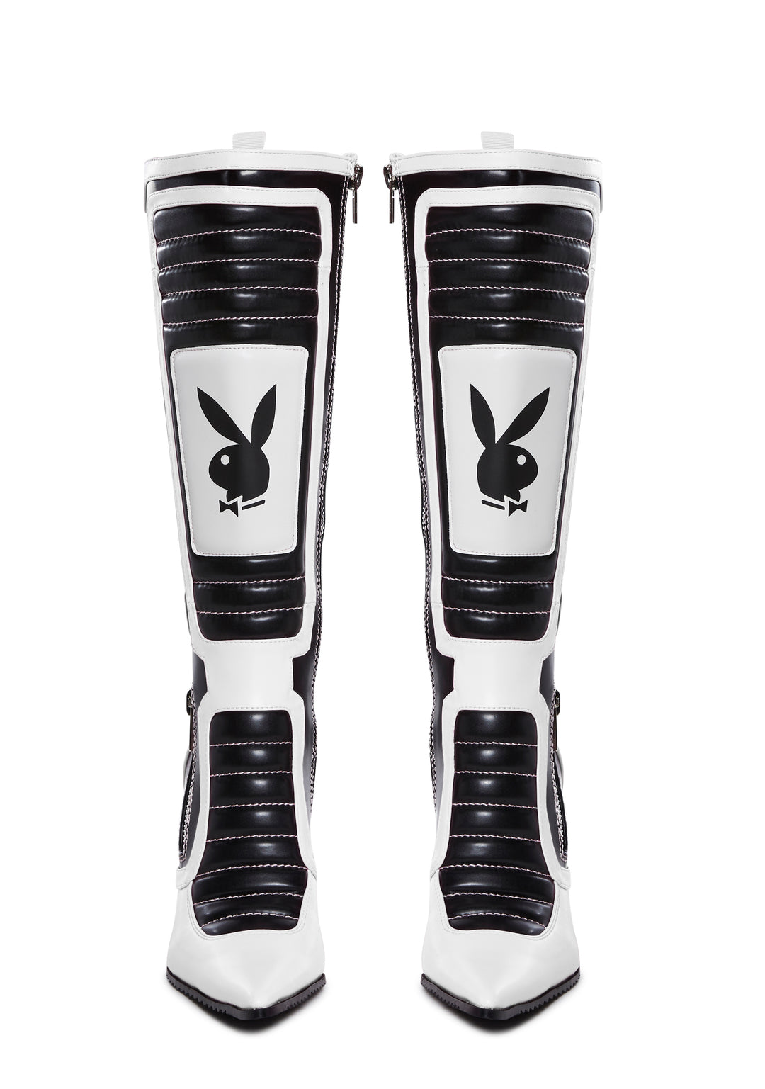 Dolls Kill x Playboy Playmate Vegan Leather Padded Moto Stiletto Boots - White - Image 3