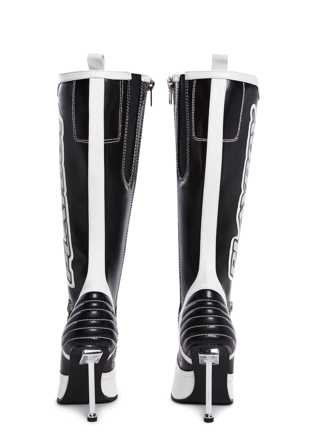 Dolls Kill x Playboy Playmate Vegan Leather Padded Moto Stiletto Boots - White - Image 4