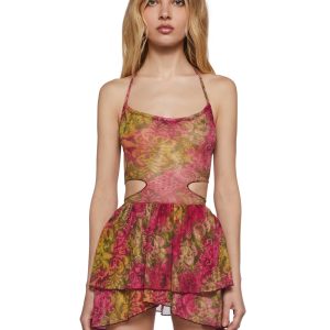 Womens Printed Mesh Cut Out Mini Halter Dress Club Exx - Multi