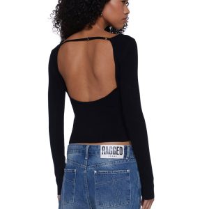 Stretchy Ribbed Knit Boat Neckline Open-Back Sweater Top - Black