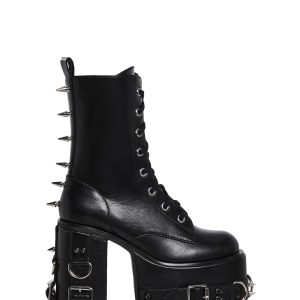 Spiked Buckle D-Ring Lace-Up Combat Boots Current Mood - Black