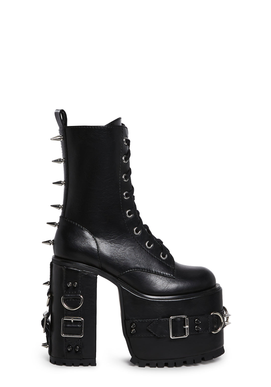 Spiked Buckle D-Ring Lace-Up Combat Boots Current Mood - Black