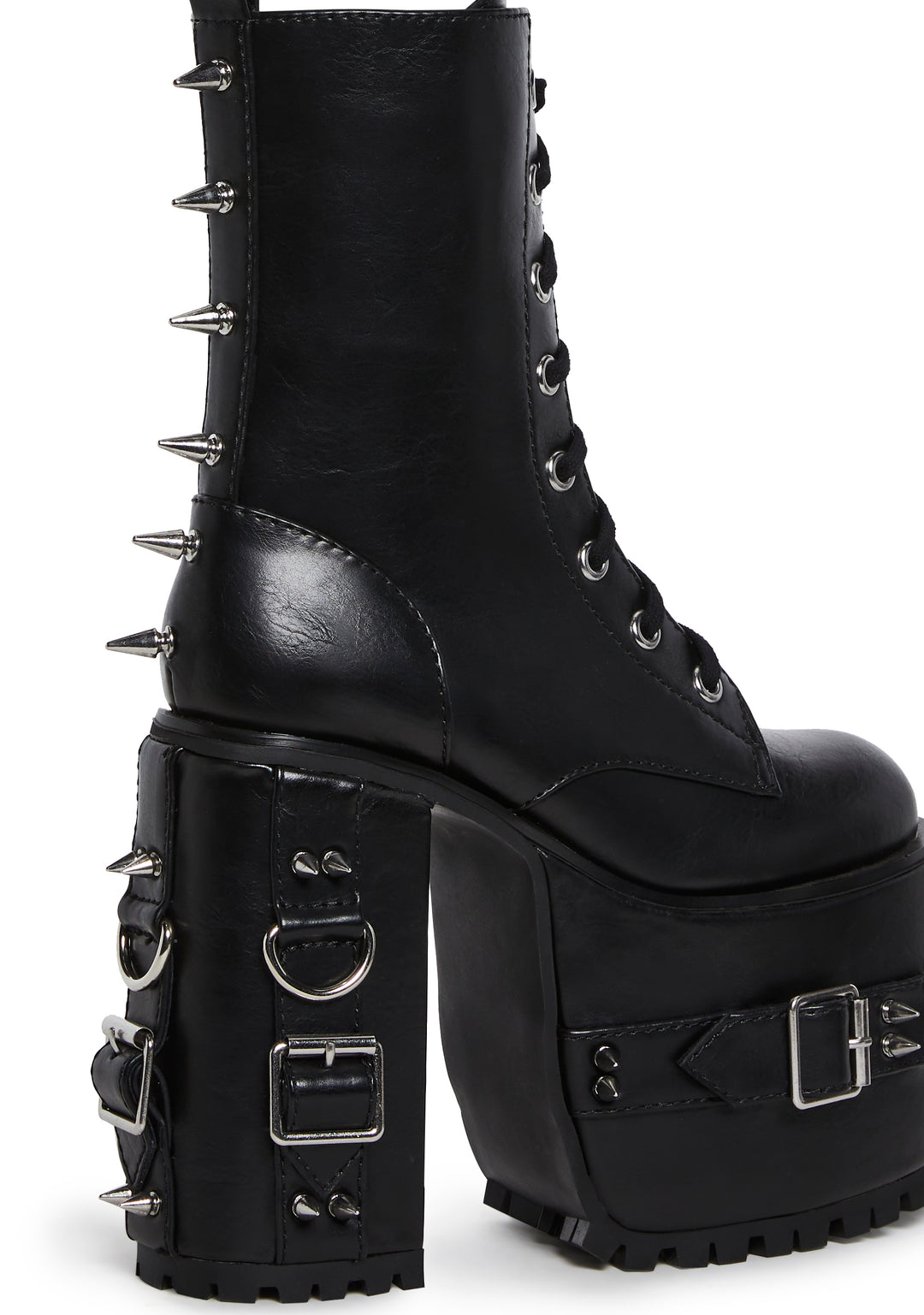 Spiked Buckle D-Ring Lace-Up Combat Boots Current Mood - Black - Image 2