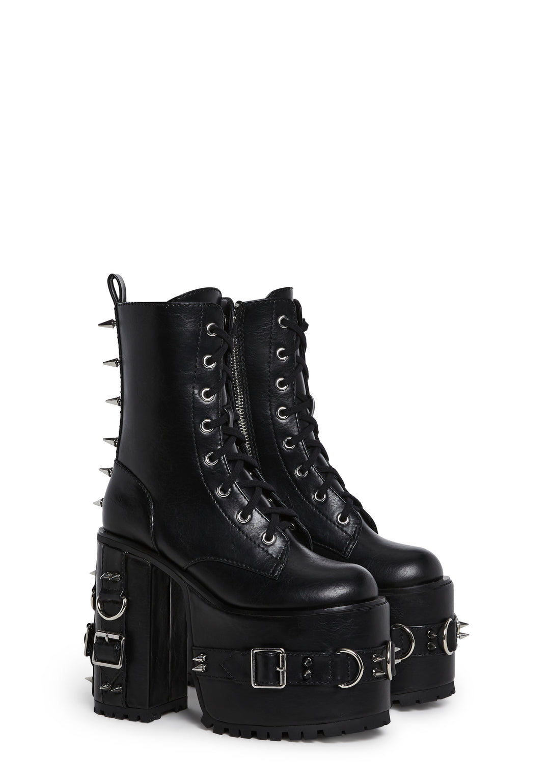 Spiked Buckle D-Ring Lace-Up Combat Boots Current Mood - Black - Image 3