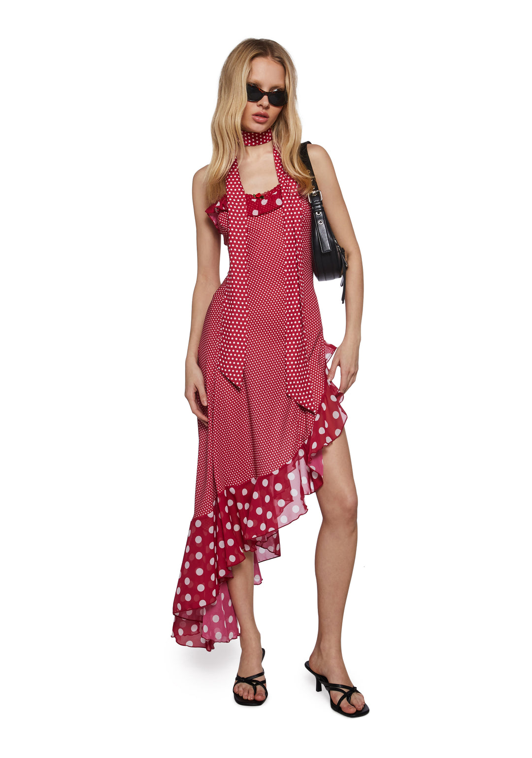 Womens Polka Dot Midi Dress With Asymmetrical Hem Sugar Thrillz - Red - Image 5