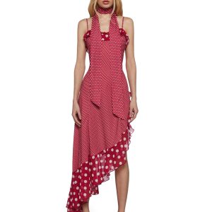 Womens Polka Dot Midi Dress With Asymmetrical Hem Sugar Thrillz - Red