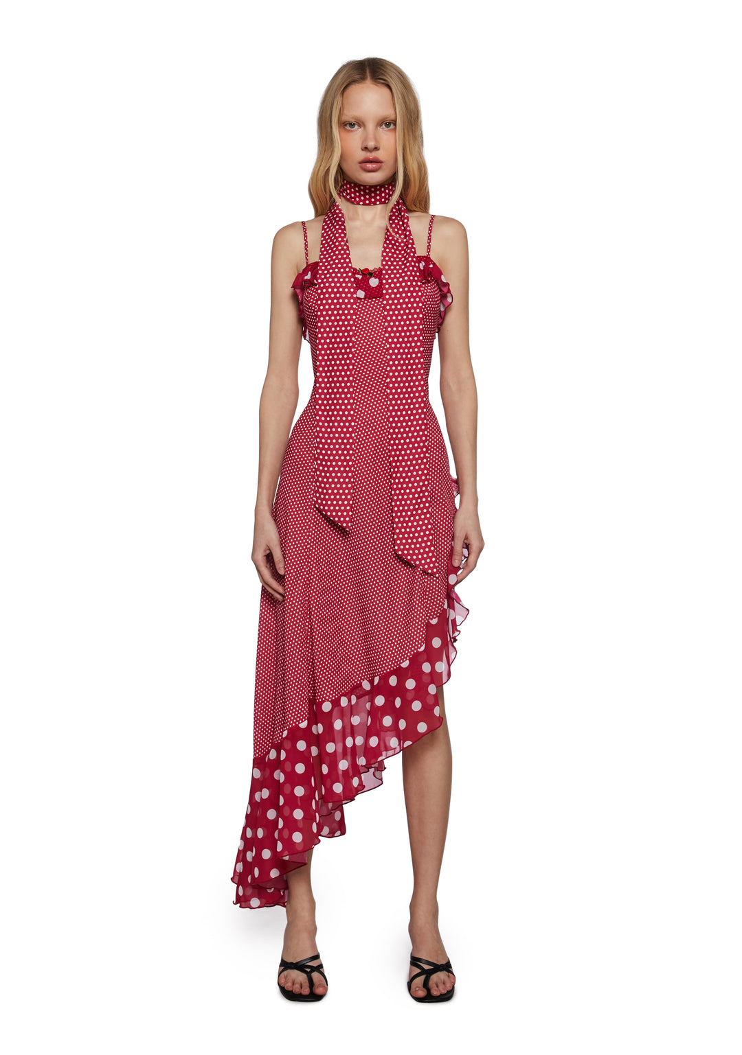 Womens Polka Dot Midi Dress With Asymmetrical Hem Sugar Thrillz - Red