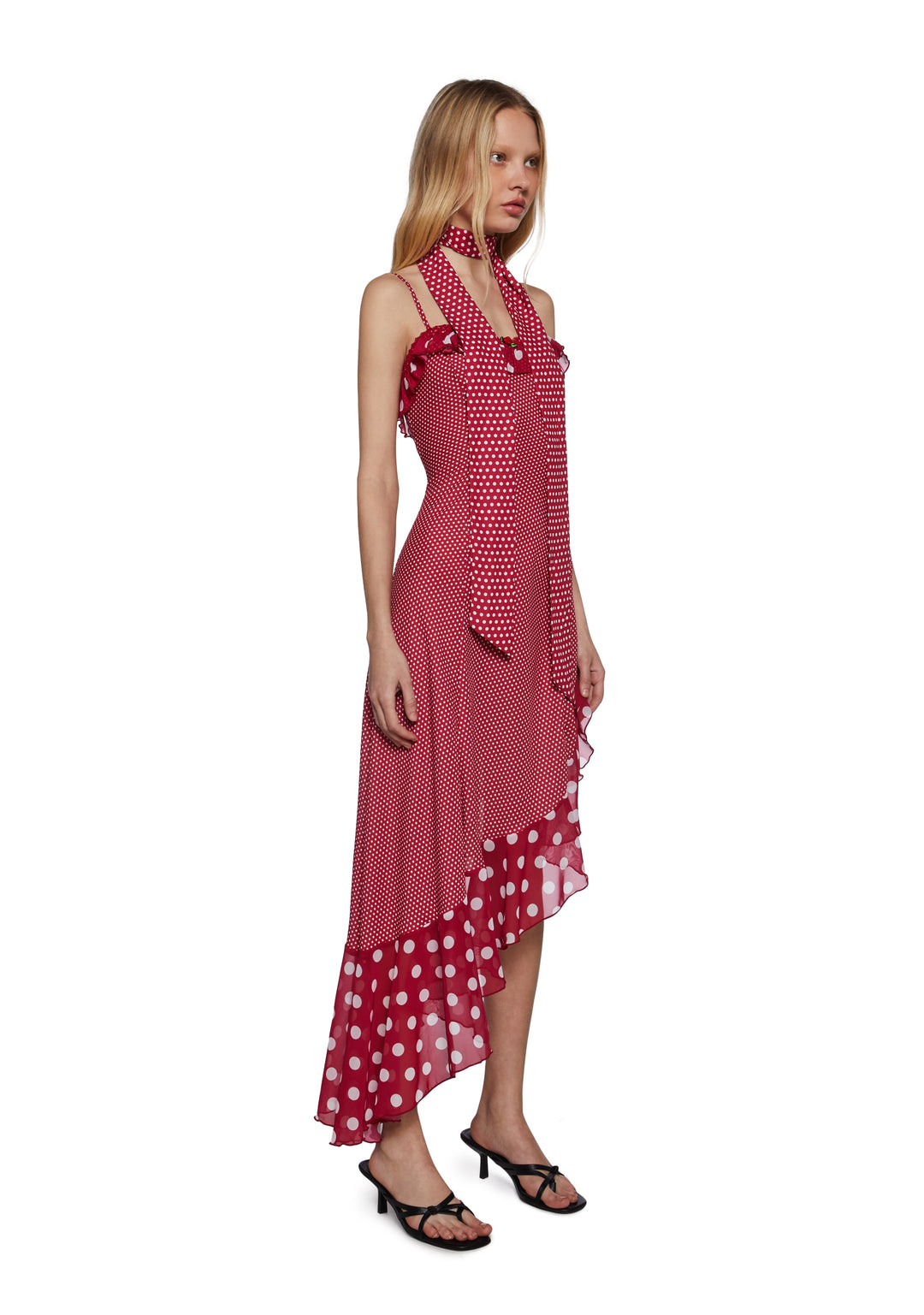 Womens Polka Dot Midi Dress With Asymmetrical Hem Sugar Thrillz - Red - Image 3