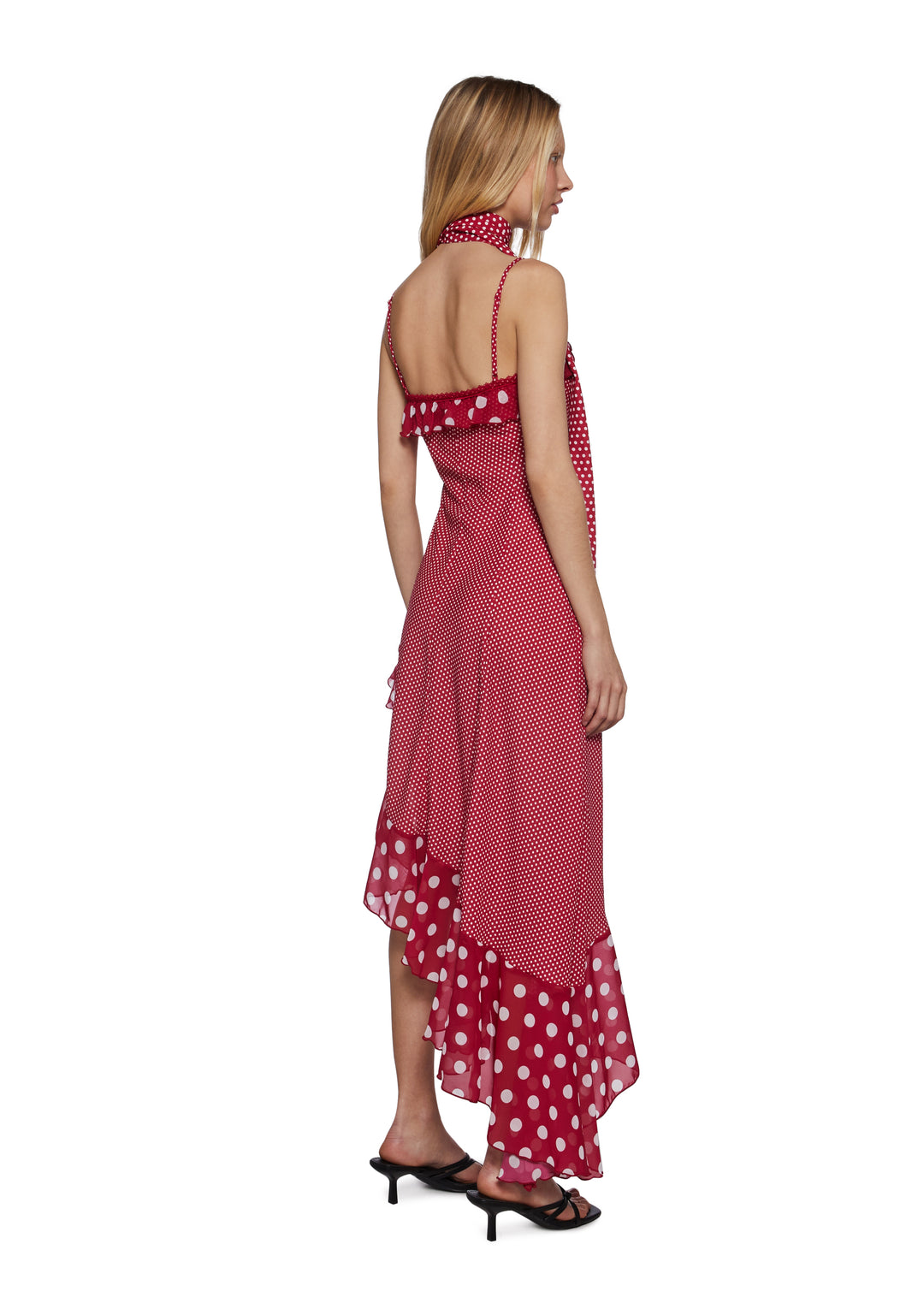 Womens Polka Dot Midi Dress With Asymmetrical Hem Sugar Thrillz - Red - Image 4