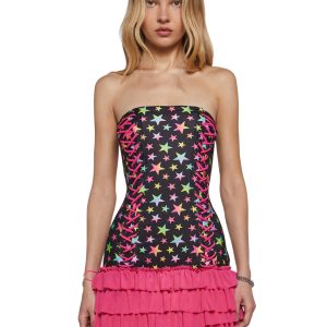Womens Clowncore Rave Strapless Star Print Mini Dress Club Exx - Black