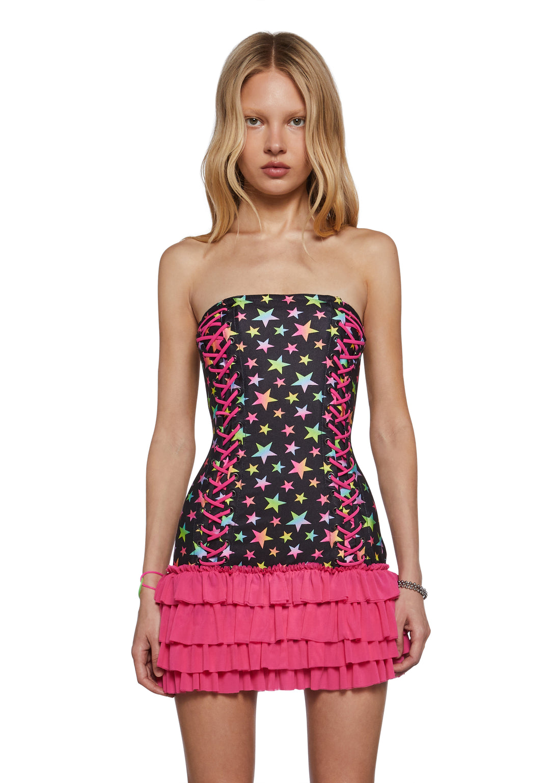 Womens Clowncore Rave Strapless Star Print Mini Dress Club Exx - Black
