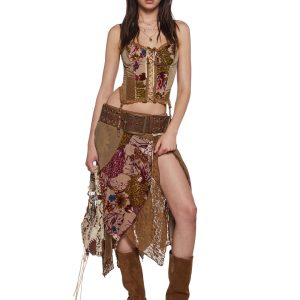 Velvet Flocked Burnout Midi Skirt Current Mood - Brown