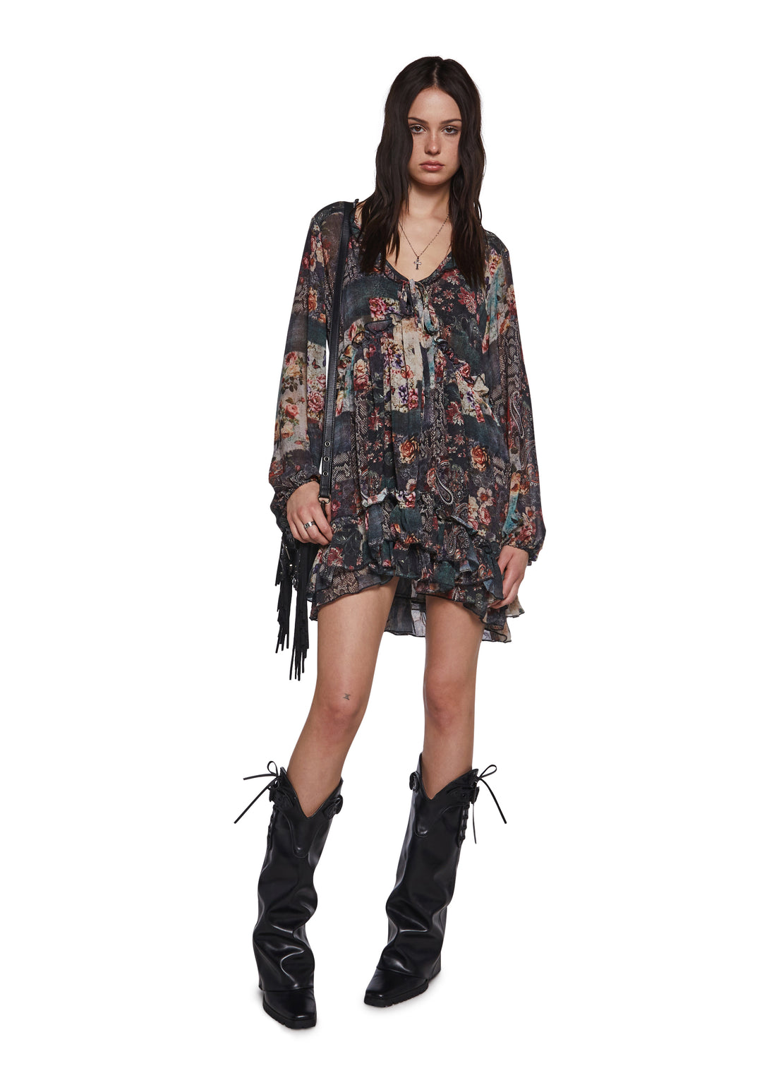 Womens Patchwork Print Mini Ruffle Dress Current Mood - Multi - Image 2