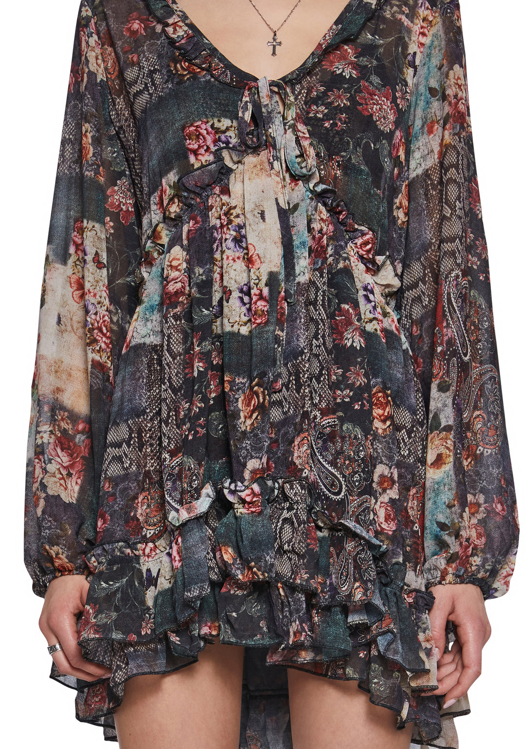 Womens Patchwork Print Mini Ruffle Dress Current Mood - Multi - Image 5