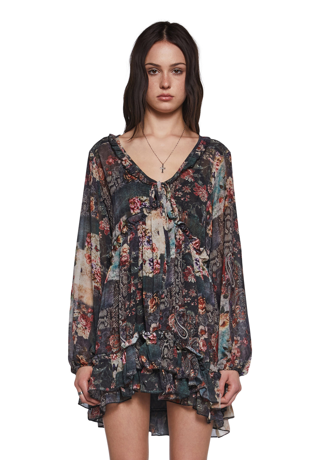 Womens Patchwork Print Mini Ruffle Dress Current Mood - Multi