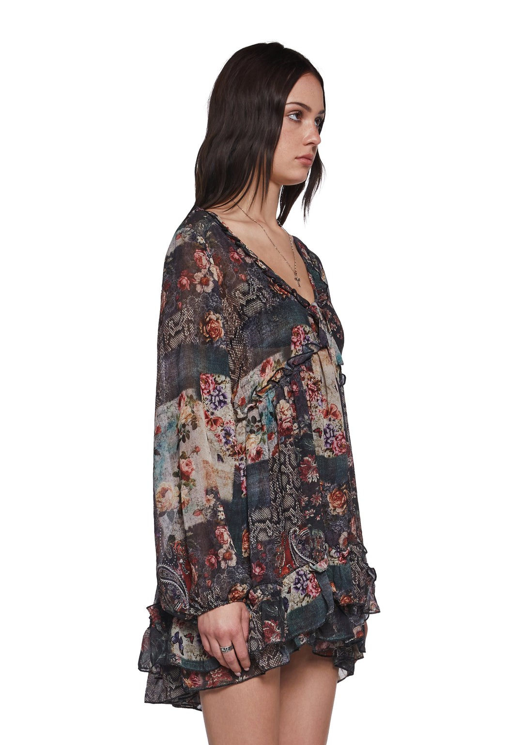 Womens Patchwork Print Mini Ruffle Dress Current Mood - Multi - Image 3