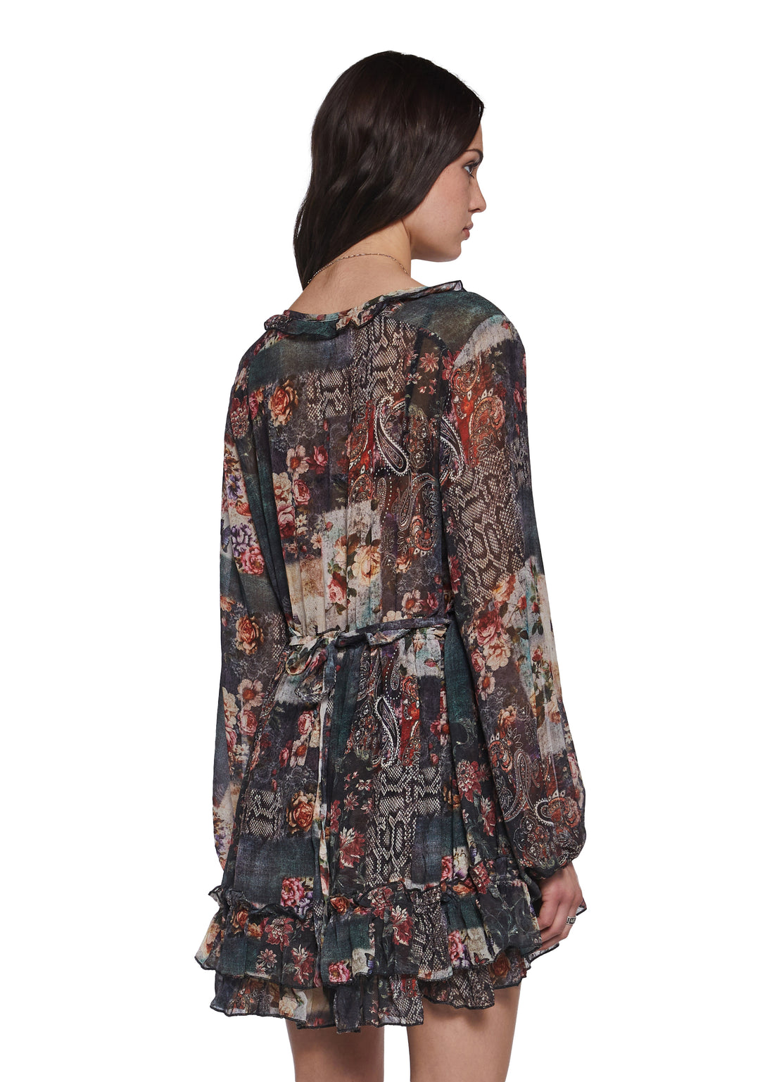 Womens Patchwork Print Mini Ruffle Dress Current Mood - Multi - Image 4