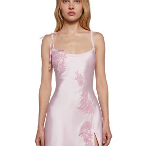 Womens Sexy Date Night Satin Slip Dress With Floral Appliques Sugar Thrillz - Pink