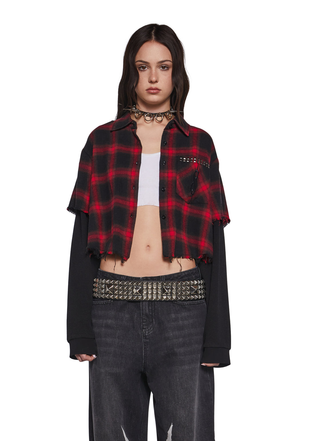 Dolls Kill x Slipknot Plaid Twofer Crop Flannel Top - Red - Image 4