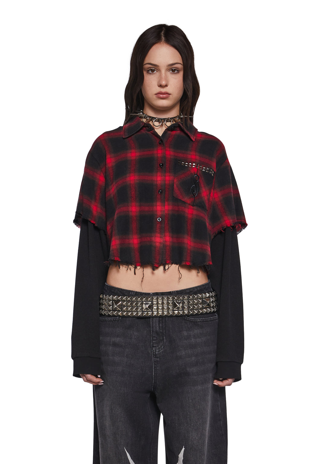 Dolls Kill x Slipknot Plaid Twofer Crop Flannel Top - Red - Image 7
