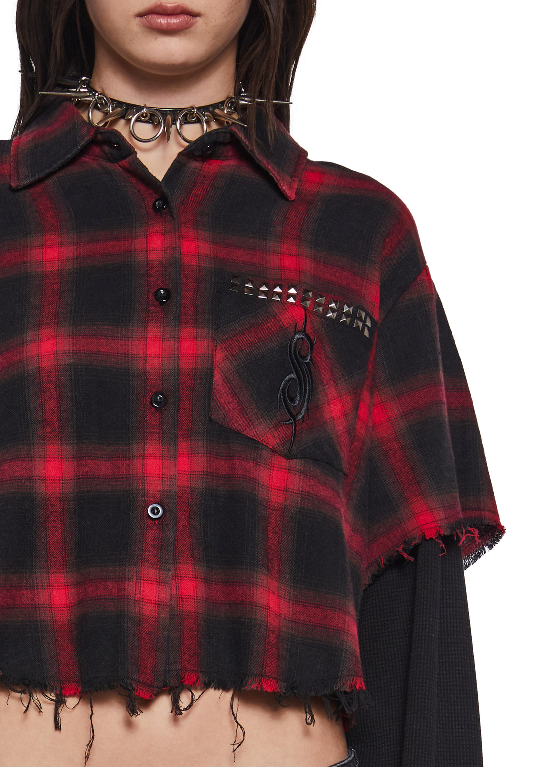 Dolls Kill x Slipknot Plaid Twofer Crop Flannel Top - Red - Image 6