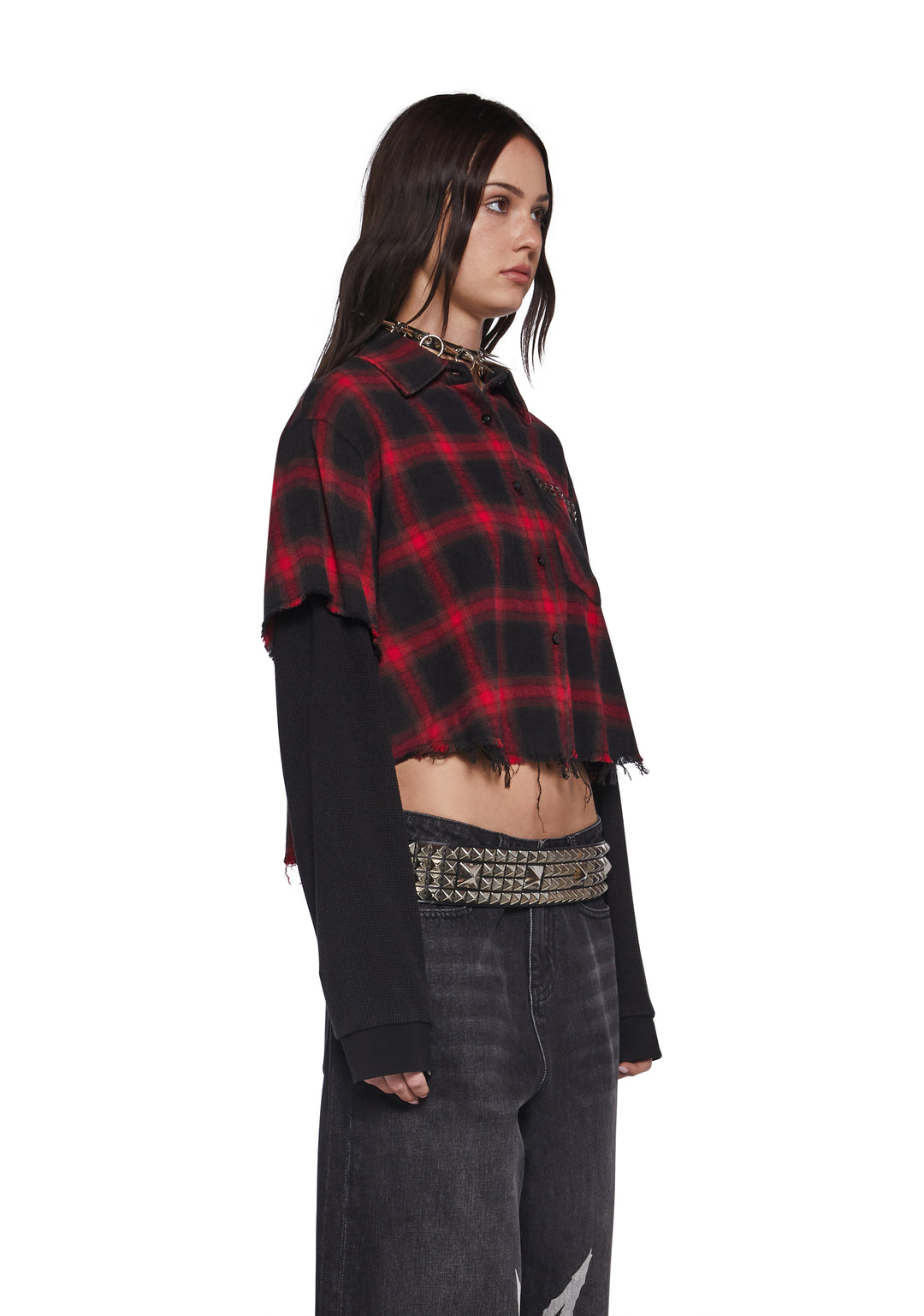Dolls Kill x Slipknot Plaid Twofer Crop Flannel Top - Red - Image 3