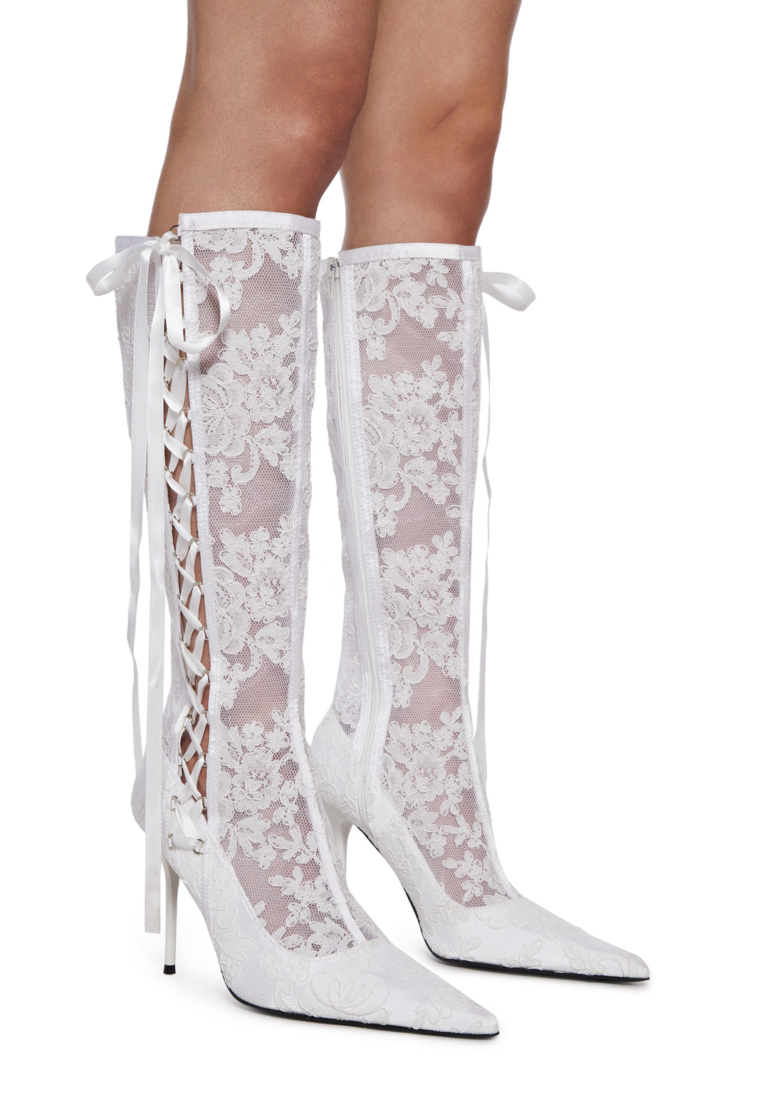 Sheer Lace Stiletto Boots With Lace-Up And Zip Closures Sugar Thrillz - White - Image 3