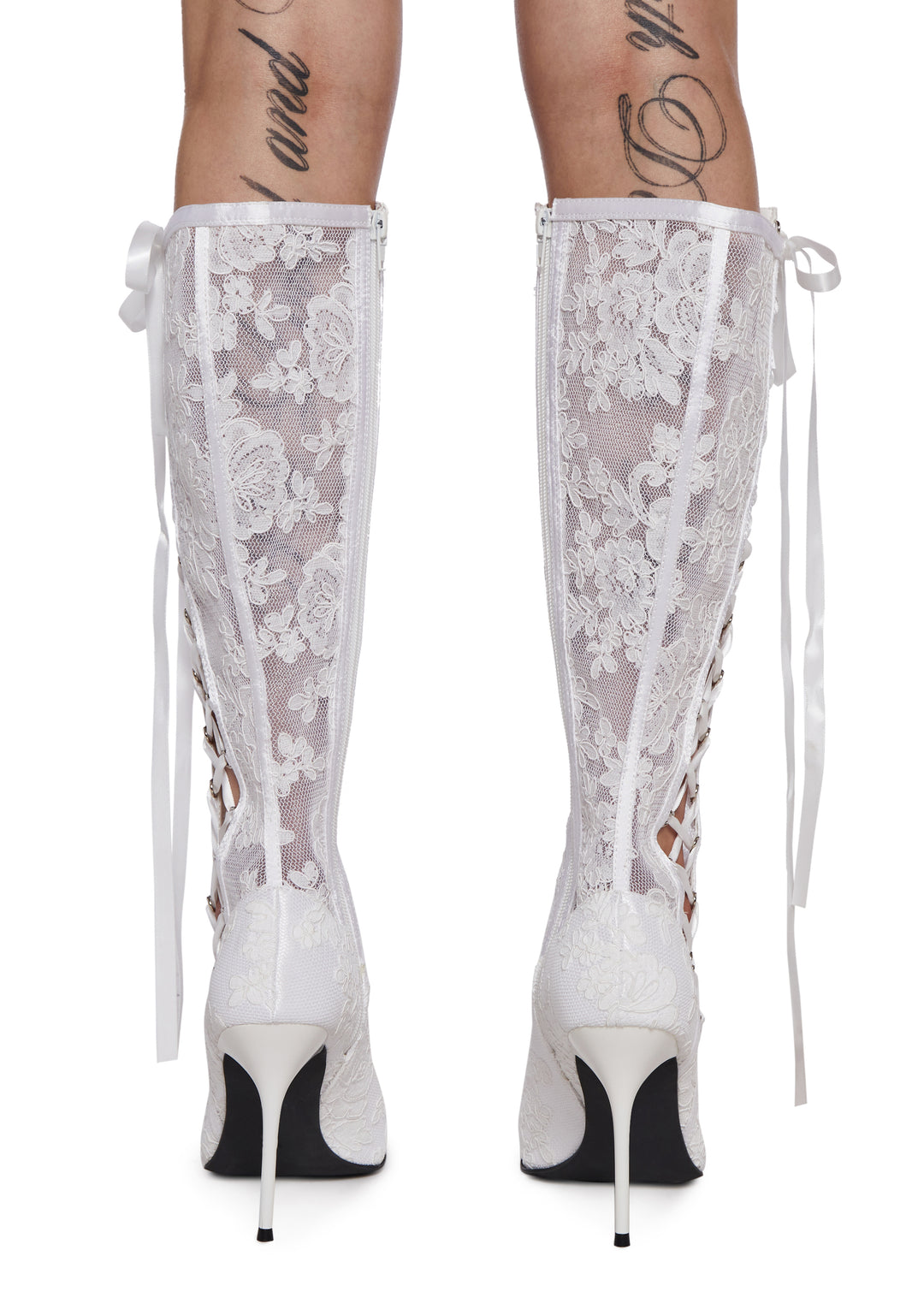 Sheer Lace Stiletto Boots With Lace-Up And Zip Closures Sugar Thrillz - White - Image 4
