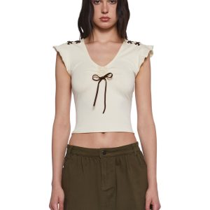 Womens Ruched V Neck Top Sugar Thrillz - Off White