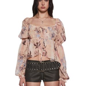 Print Sheer Chiffon Blouse With Flowy Sleeves Current Mood - Off White
