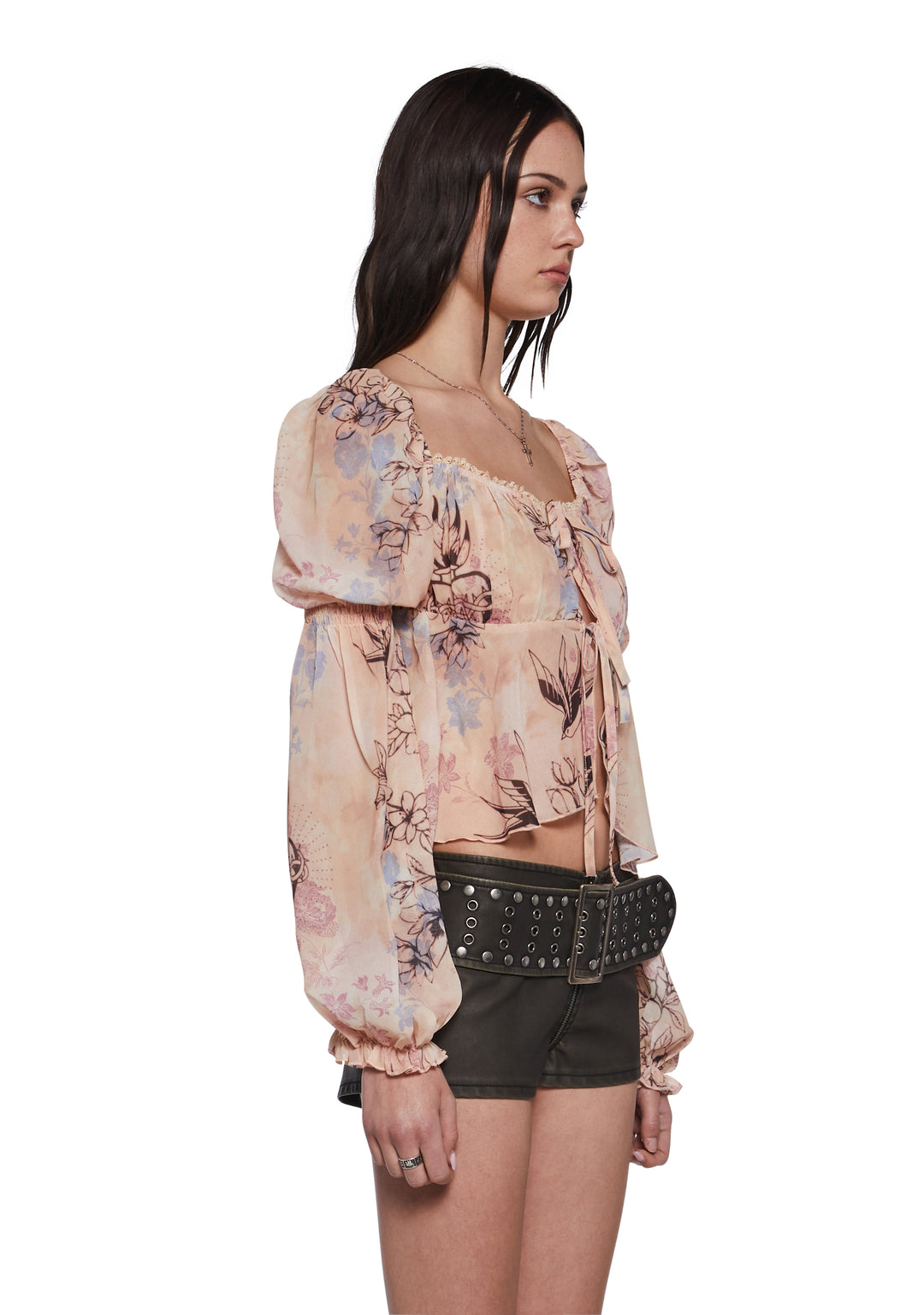 Print Sheer Chiffon Blouse With Flowy Sleeves Current Mood - Off White - Image 3