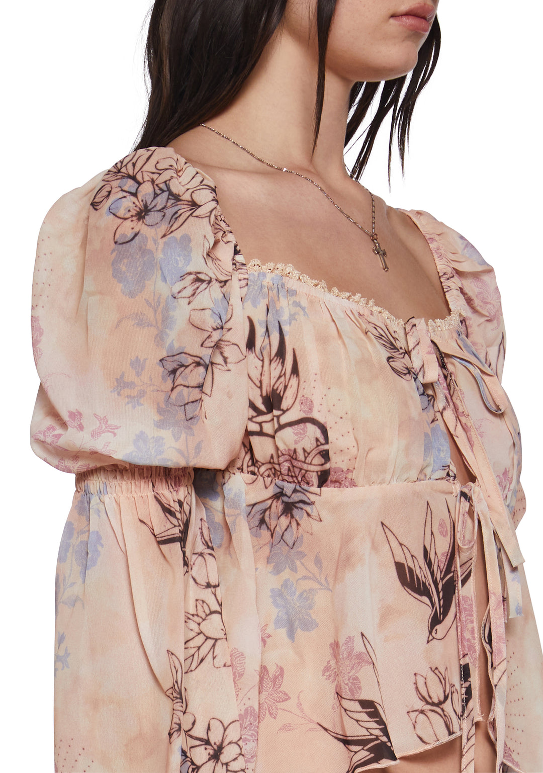 Print Sheer Chiffon Blouse With Flowy Sleeves Current Mood - Off White - Image 5