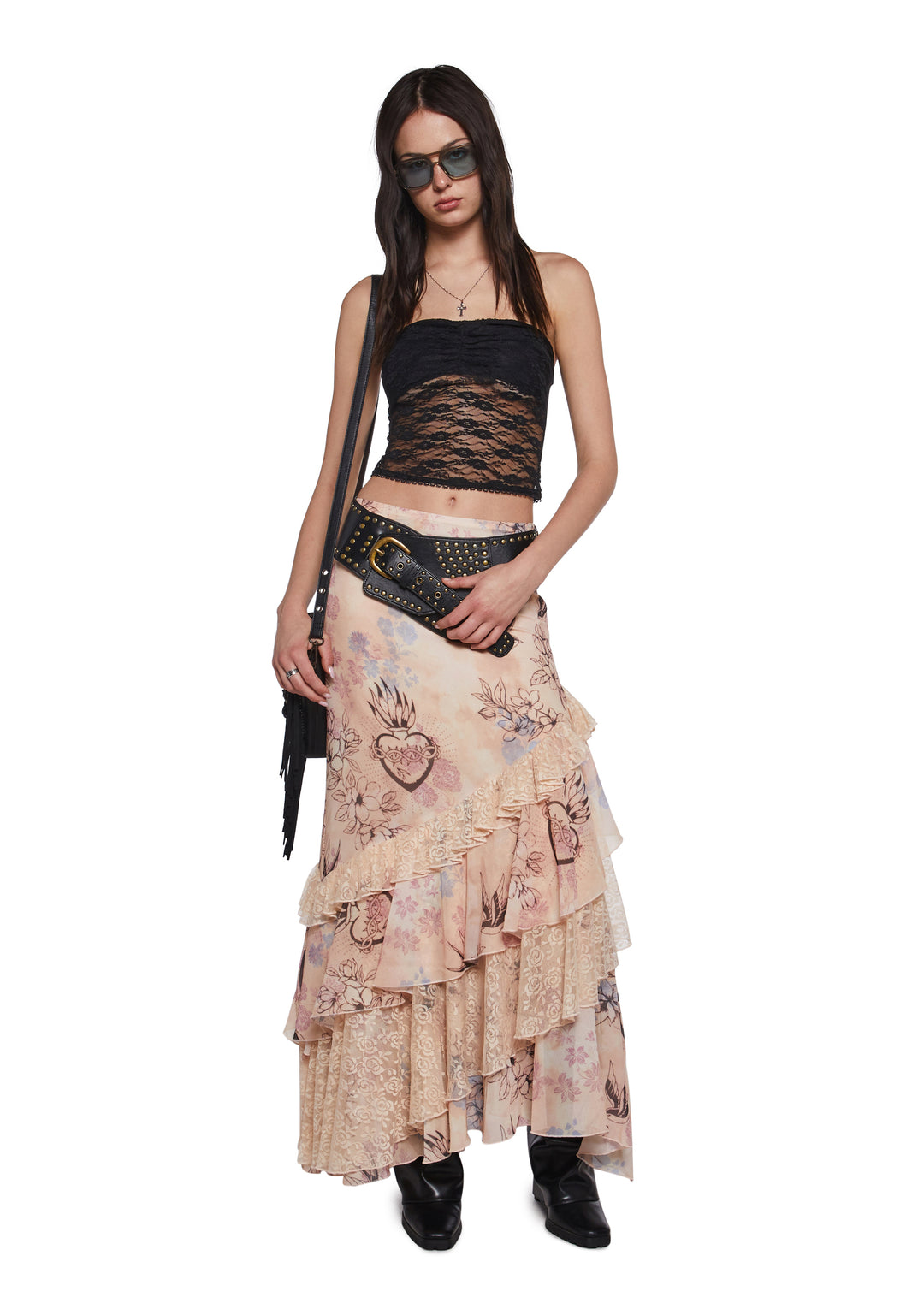 Sublimated Bird Floral Maxi Skirt With Lace Current Mood - Off White - Image 2