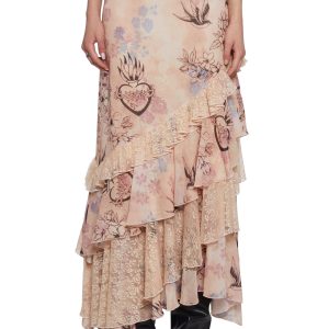 Sublimated Bird Floral Maxi Skirt With Lace Current Mood - Off White