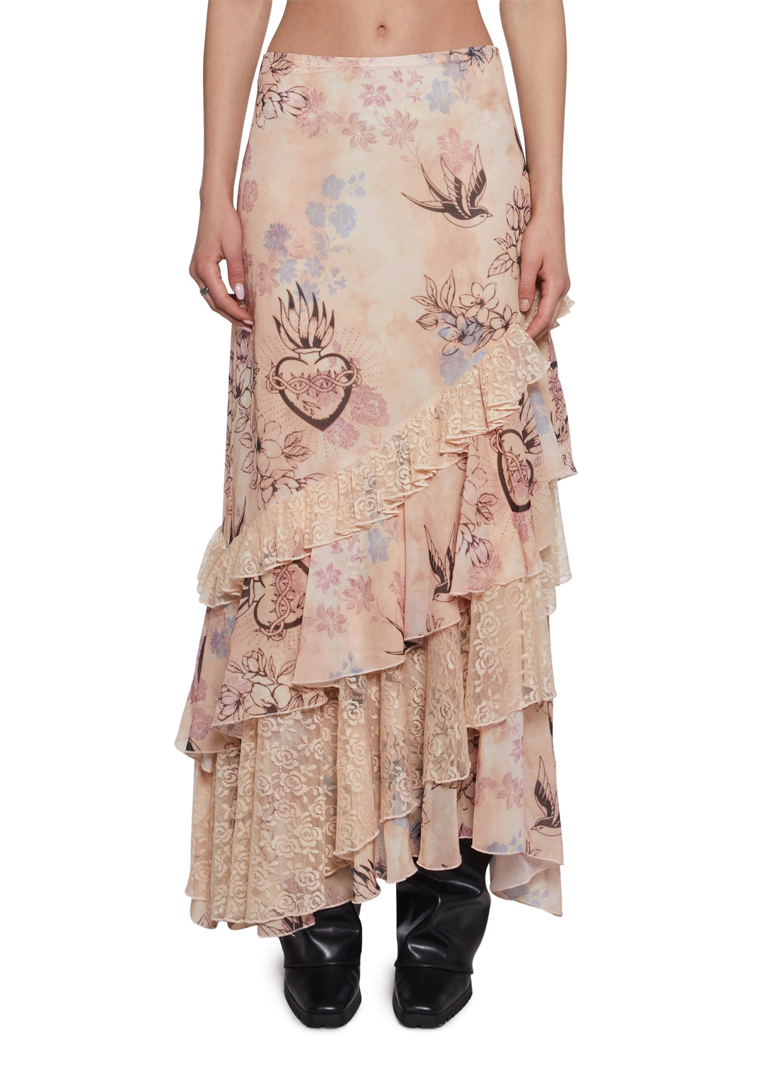 Sublimated Bird Floral Maxi Skirt With Lace Current Mood - Off White
