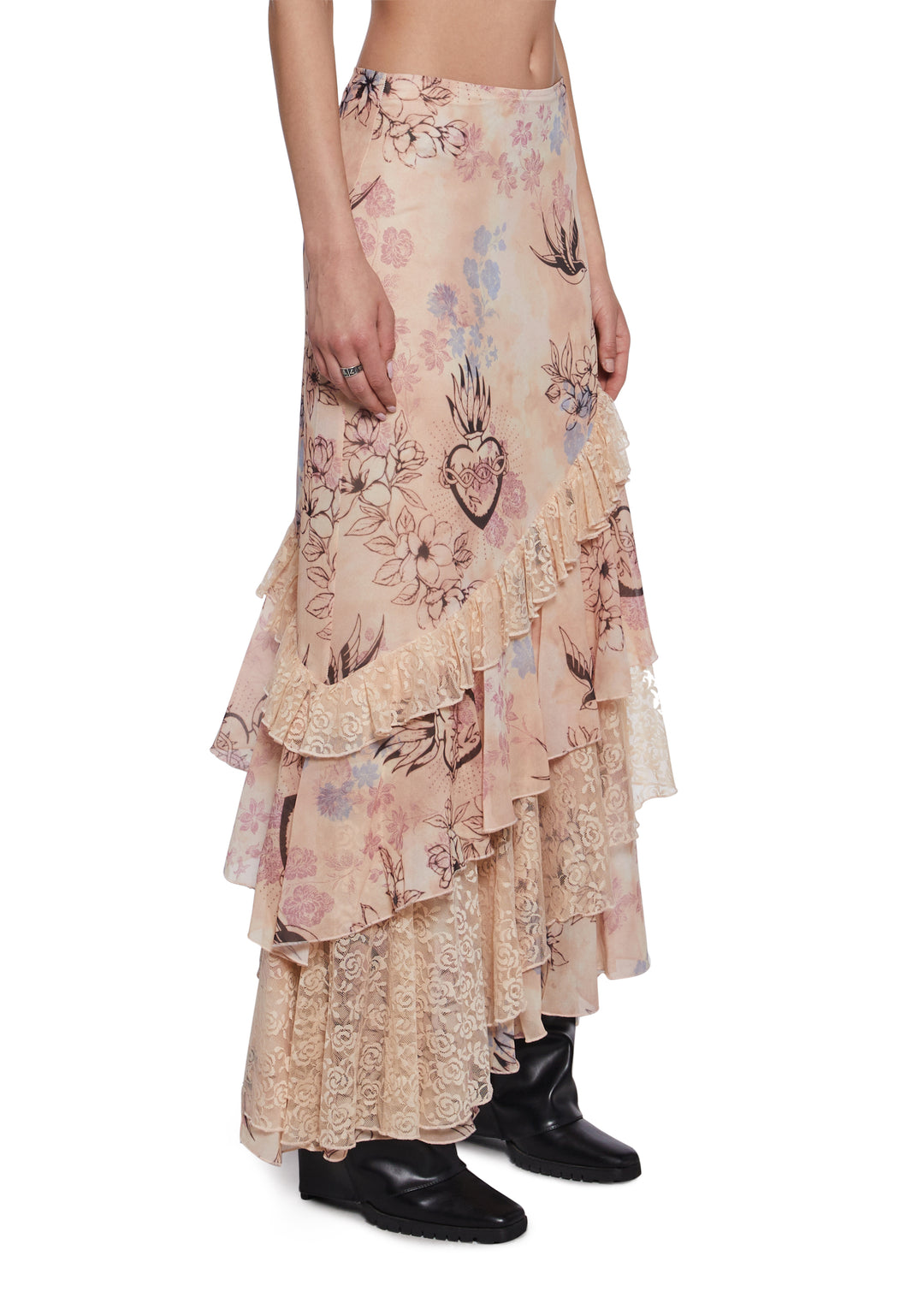 Sublimated Bird Floral Maxi Skirt With Lace Current Mood - Off White - Image 3