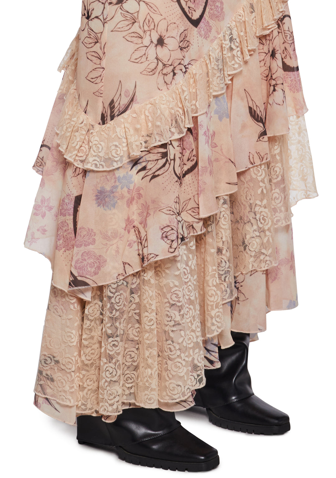 Sublimated Bird Floral Maxi Skirt With Lace Current Mood - Off White - Image 5