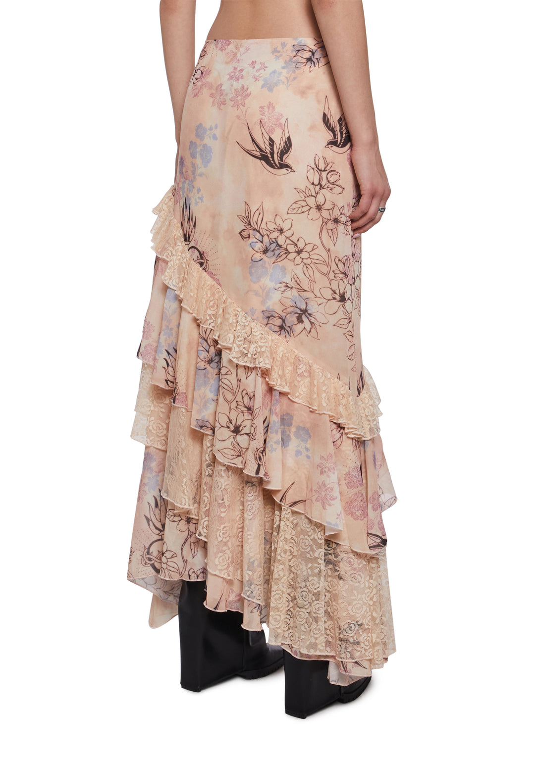 Sublimated Bird Floral Maxi Skirt With Lace Current Mood - Off White - Image 4